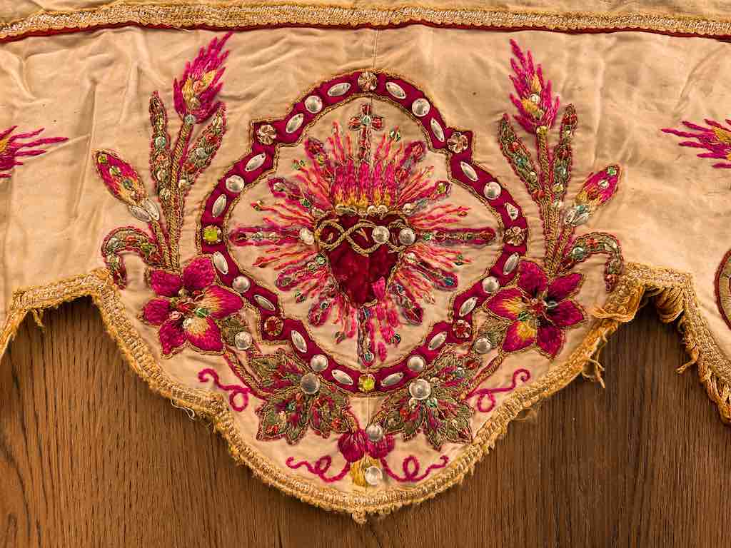 Antique Vietnamese Catholic Flaming Heart Design Authentic Ecclesiastical Cloth Altar Textile