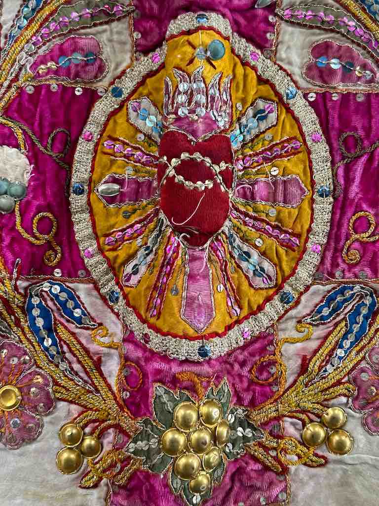 Antique Vietnamese Catholic Flaming Heart Cross Design Authentic Ecclesiastical Cloth Altar Textile