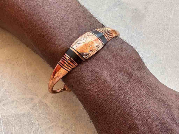 Tuareg Double Bar Multiple Stripe Inlay Etched Center Flat Copper Bracelet