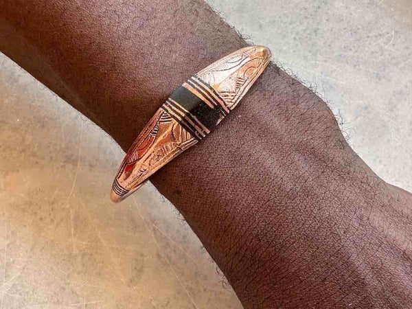 Tuareg Single Bar Multiple Stripe Inlay Etched Flat Copper Bracelet