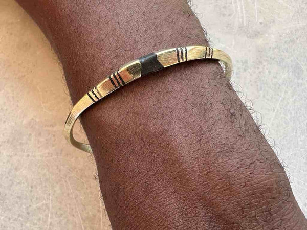 Tuareg Single Star Multiple Stripe Inlay Squared Brass Bracelet