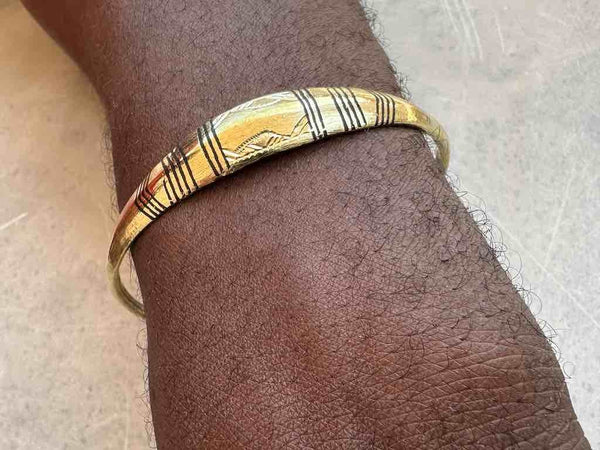 Tuareg Multiple Stripe Etched Center Wider Flat Brass Bracelet