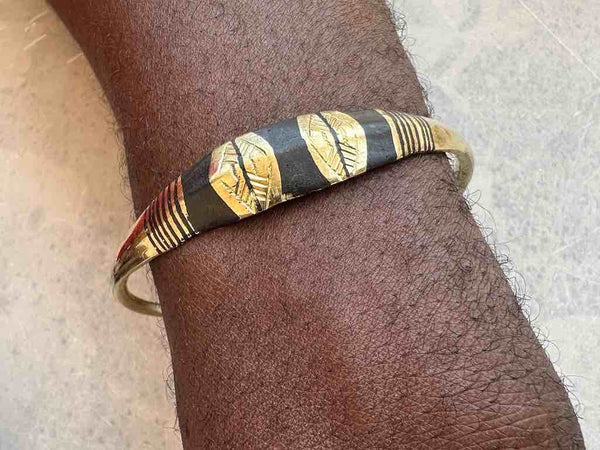 Tuareg Heavier Triple Large Inlay Multiple Stripe Etched Wider Flat Brass Bracelet