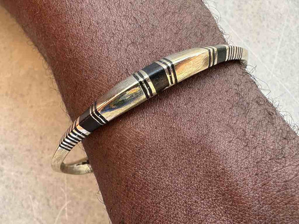 Tuareg Triple Bar Multiple Stripe Inlay Squared Brass Bracelet