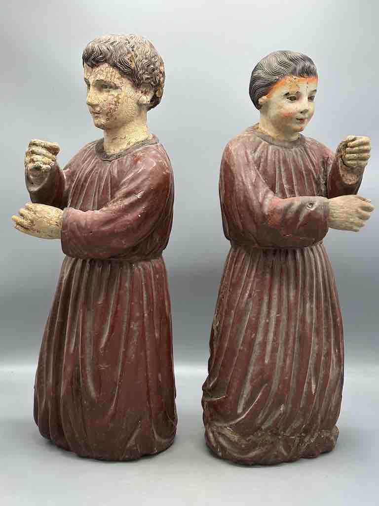 Large Antique Vietnamese Catholic Saint Figure Pair of Angels