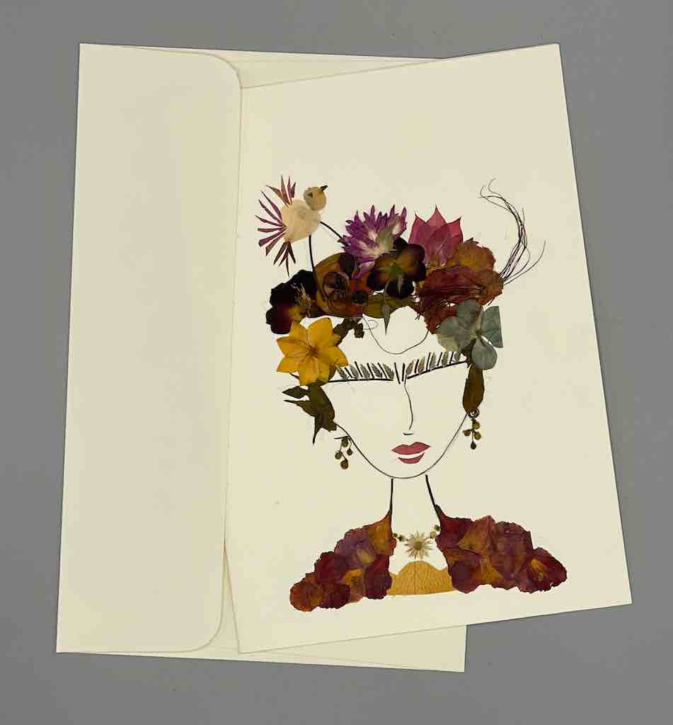 Handmade Pressed Dried Real Flower Greeting Card - Woman Hairdo