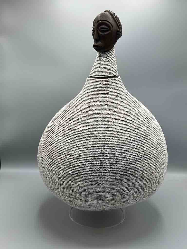 Congolese Beaded Decor Gourd from Kenya Africa - Gray