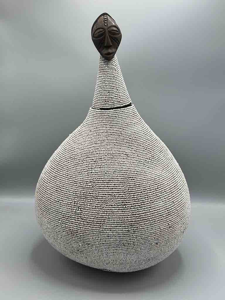 Congolese Beaded Decor Gourd from Kenya Africa - Gray