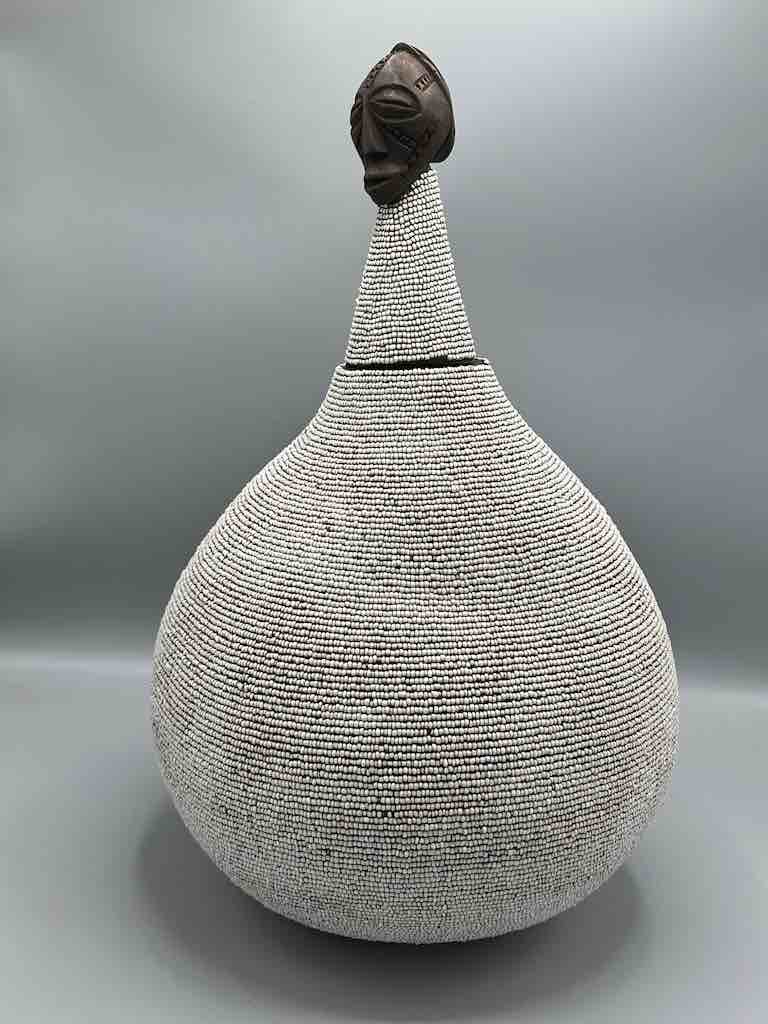 Congolese Beaded Decor Gourd from Kenya Africa - Gray