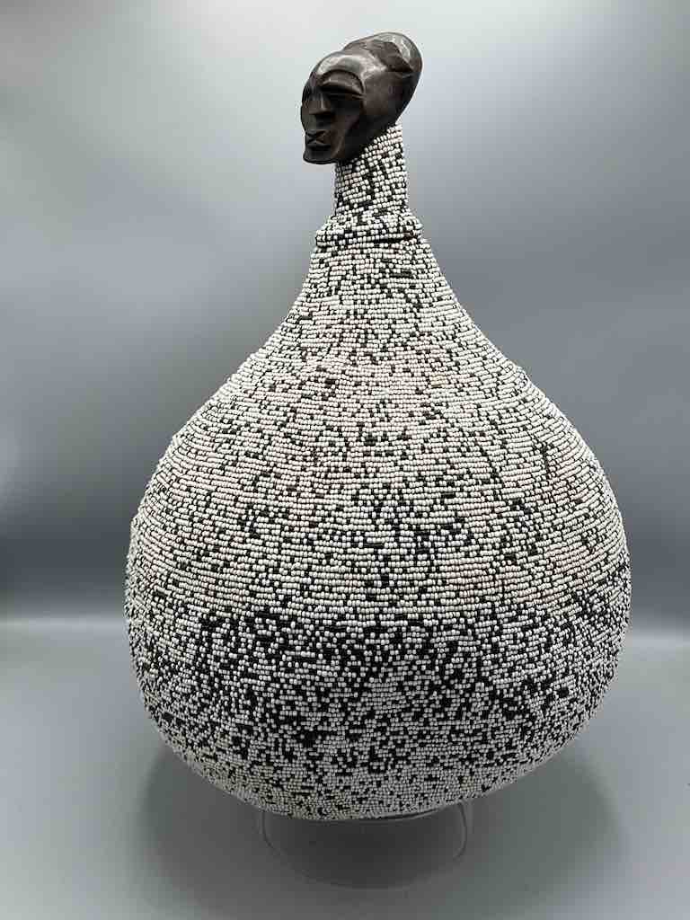 Congolese Beaded Decor Gourd from Kenya Africa - Gray/Black