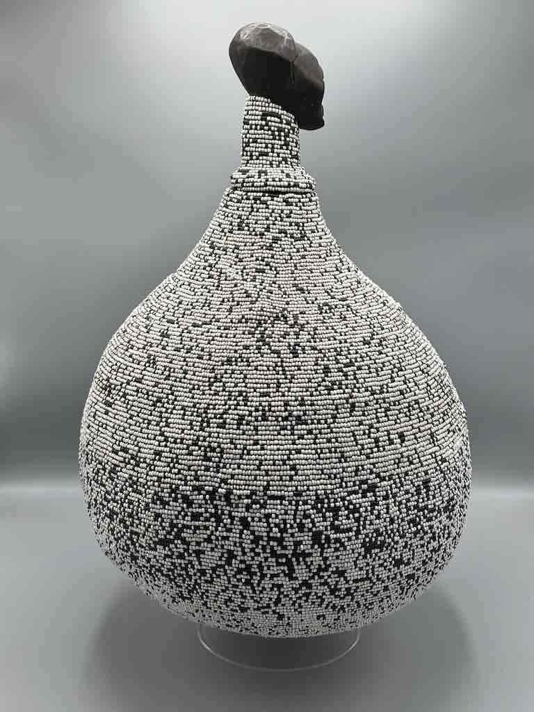 Congolese Beaded Decor Gourd from Kenya Africa - Gray/Black