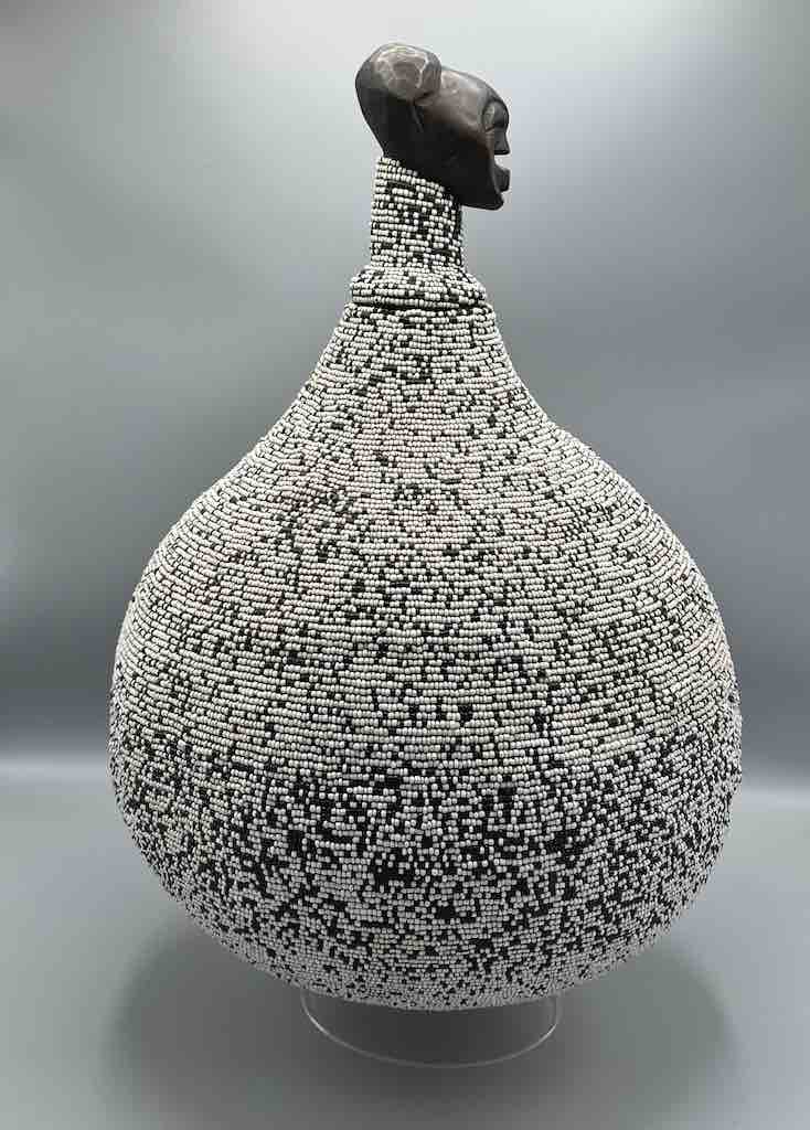 Congolese Beaded Decor Gourd from Kenya Africa - Gray/Black