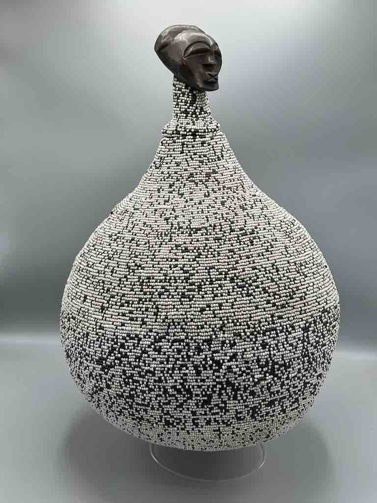 Congolese Beaded Decor Gourd from Kenya Africa - Gray/Black