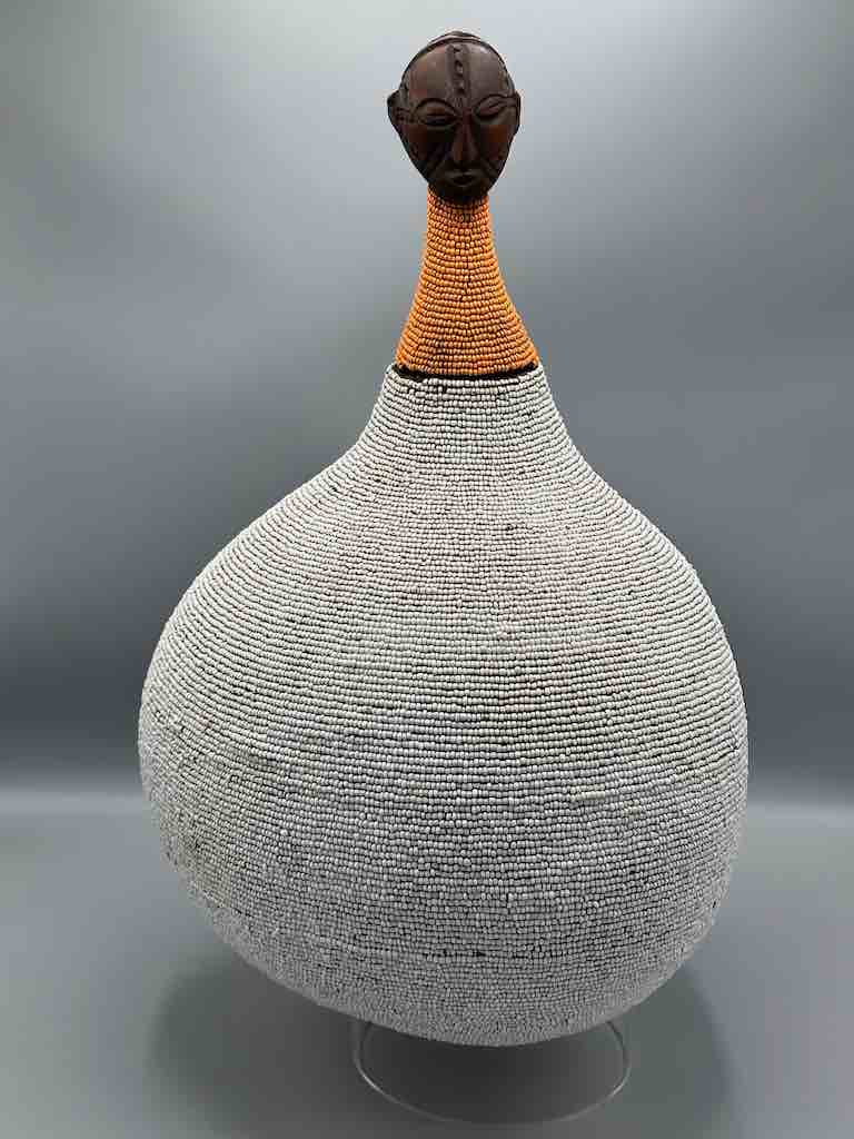 Congolese Beaded Decor Gourd from Kenya Africa - Gray/Orange