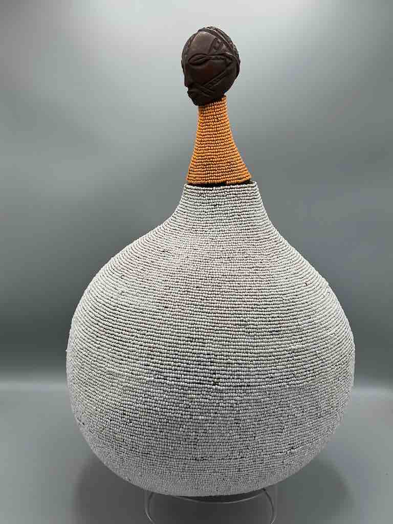 Congolese Beaded Decor Gourd from Kenya Africa - Gray/Orange