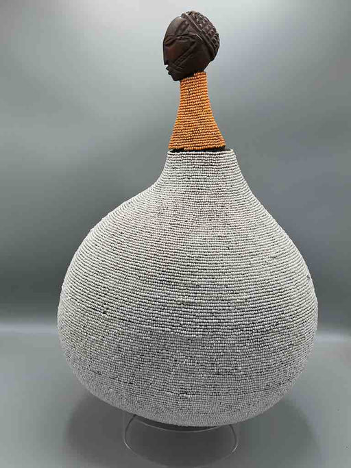 Congolese Beaded Decor Gourd from Kenya Africa - Gray/Orange