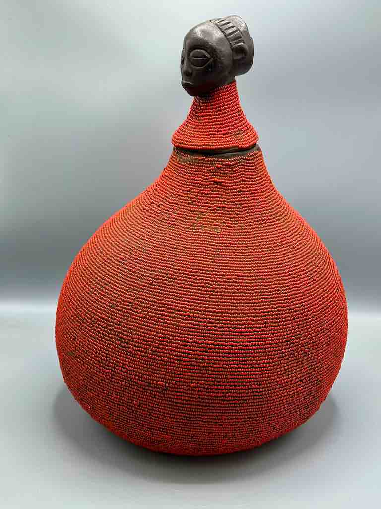 Congolese Beaded Decor Gourd from Kenya Africa - Red