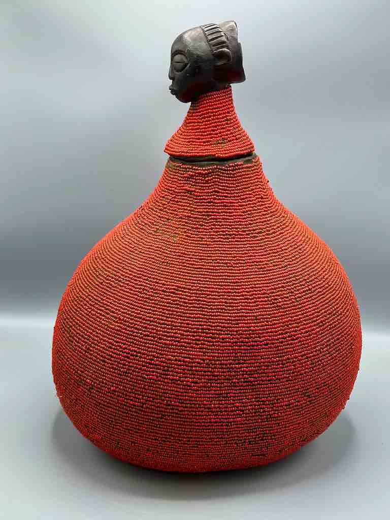 Congolese Beaded Decor Gourd from Kenya Africa - Red