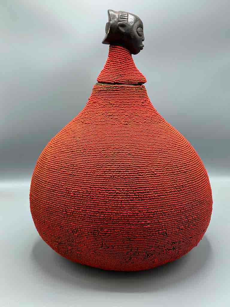 Congolese Beaded Decor Gourd from Kenya Africa - Red