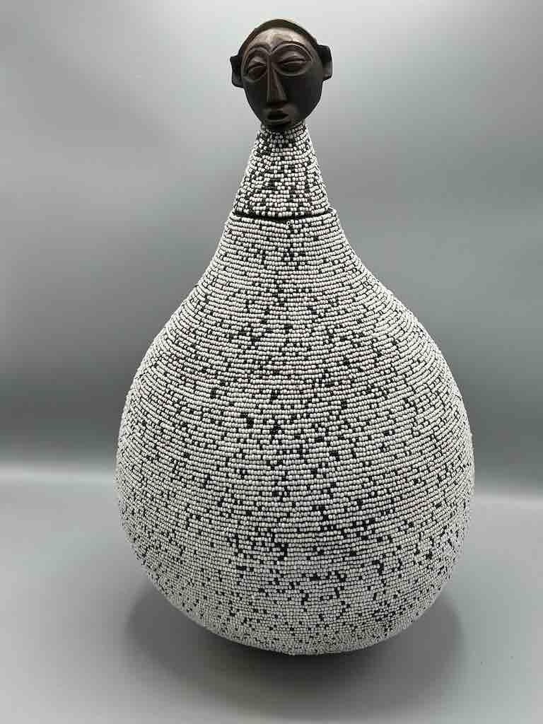 Congolese Beaded Decor Gourd from Kenya Africa - Gray/Black