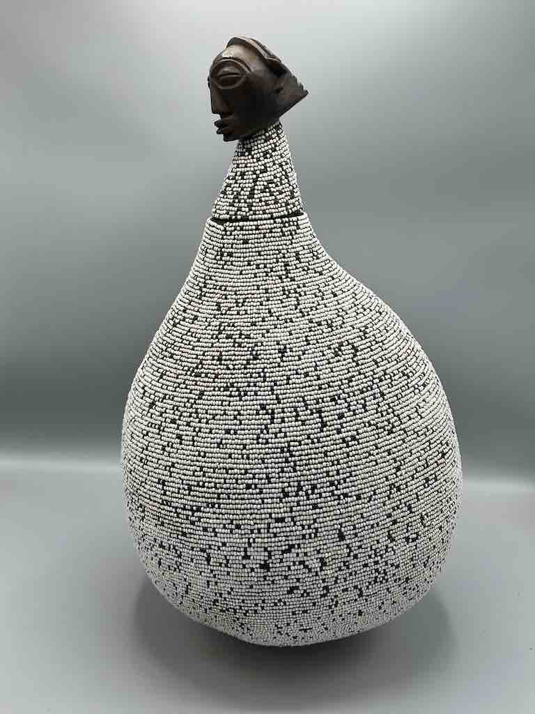 Congolese Beaded Decor Gourd from Kenya Africa - Gray/Black