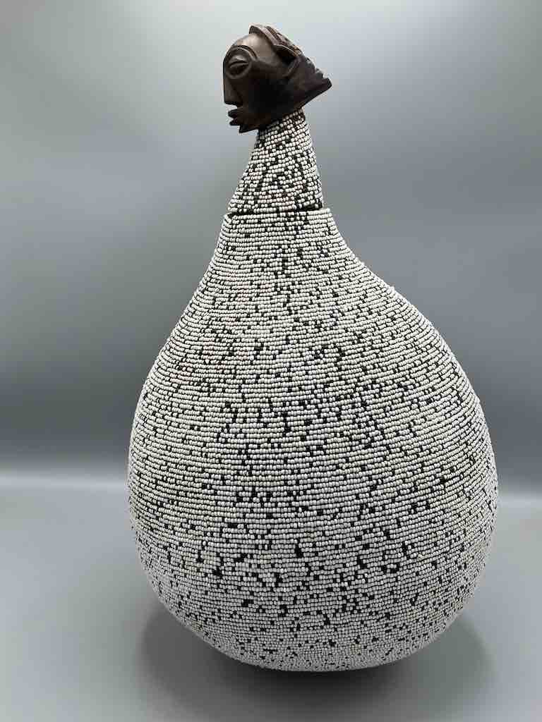 Congolese Beaded Decor Gourd from Kenya Africa - Gray/Black