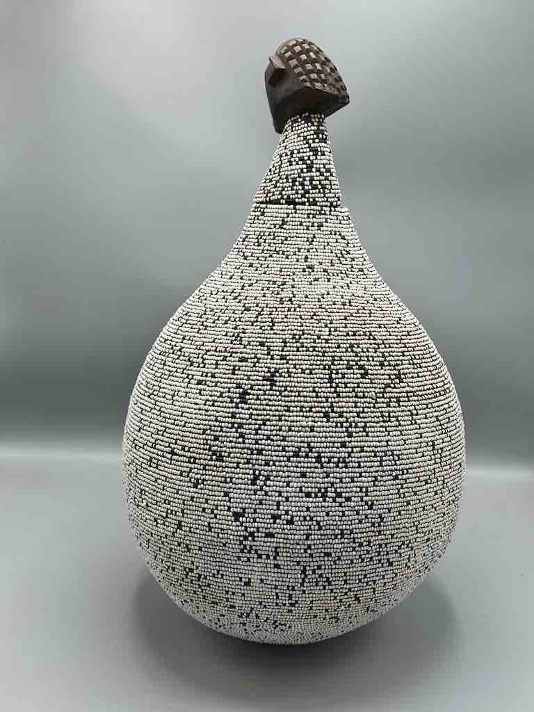 Congolese Beaded Decor Gourd from Kenya Africa - Gray/Black