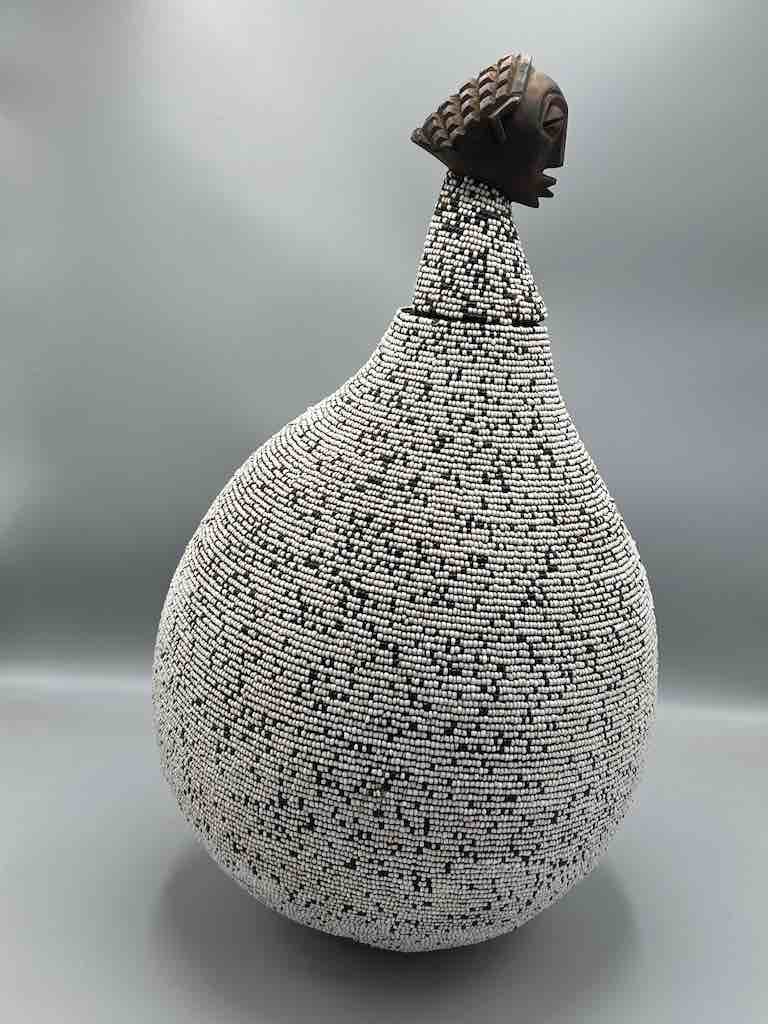 Congolese Beaded Decor Gourd from Kenya Africa - Gray/Black