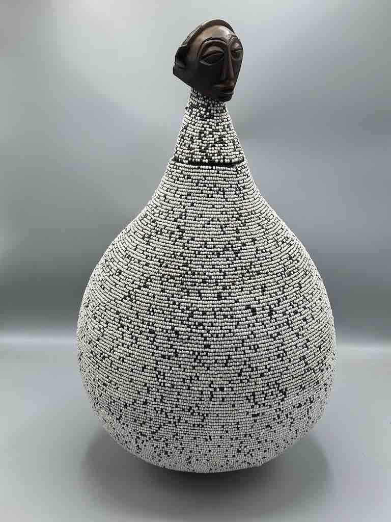 Congolese Beaded Decor Gourd from Kenya Africa - Gray/Black