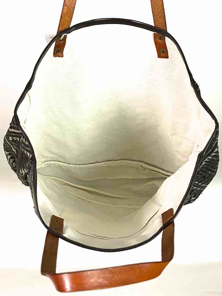 Large Vintage Vietnamese Textile Leather Handle Handbag