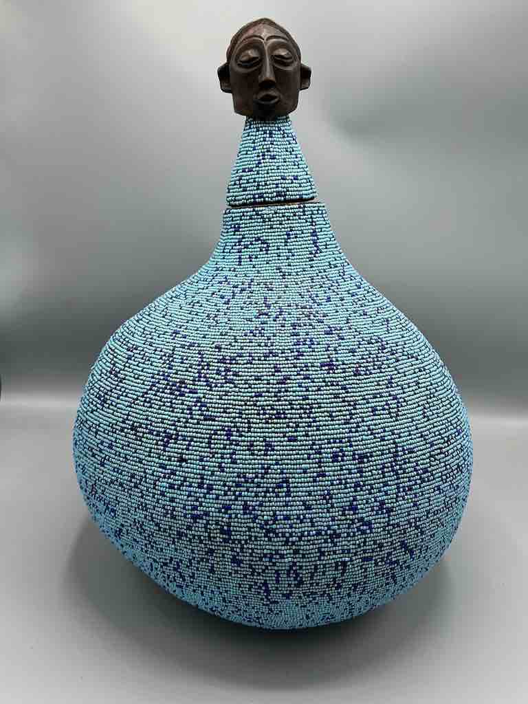 Congolese Beaded Decor Gourd from Kenya Africa - Sky Blue/Violet