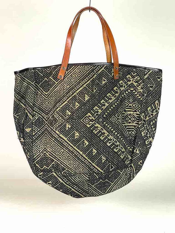 Large Vintage Vietnamese Textile Leather Handle Handbag