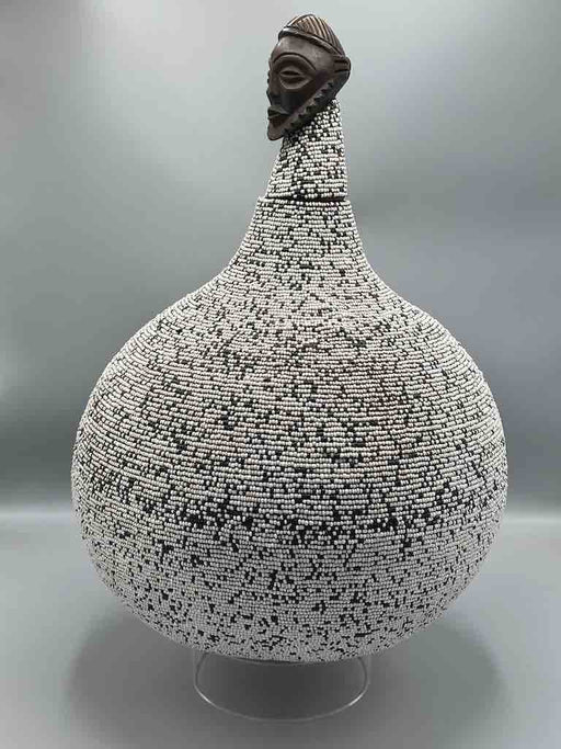 Congolese Beaded Decor Gourd from Kenya Africa - Gray/Black