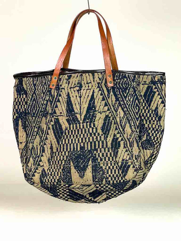 Large Vintage Vietnamese Textile Leather Handle Handbag