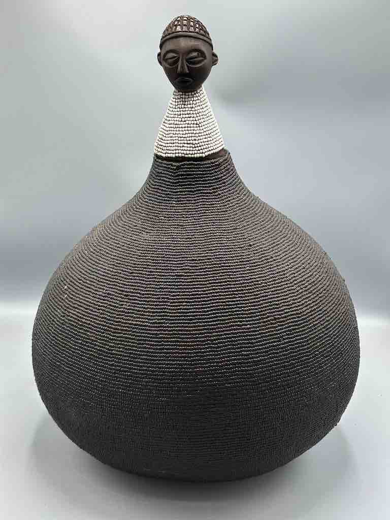 Congolese Beaded Decor Gourd from Kenya Africa - Black/Gray