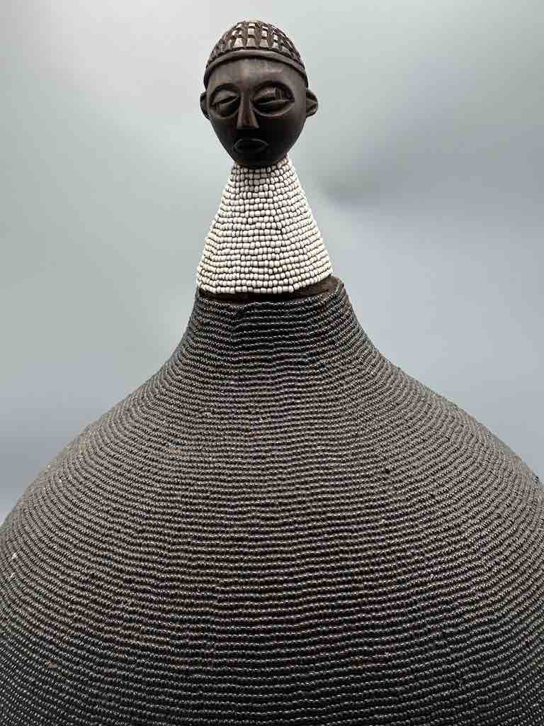 Congolese Beaded Decor Gourd from Kenya Africa - Black/Gray