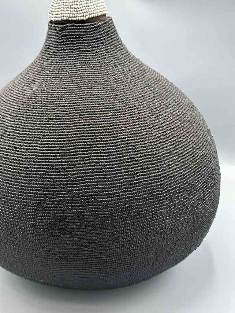 Congolese Beaded Decor Gourd from Kenya Africa - Black/Gray