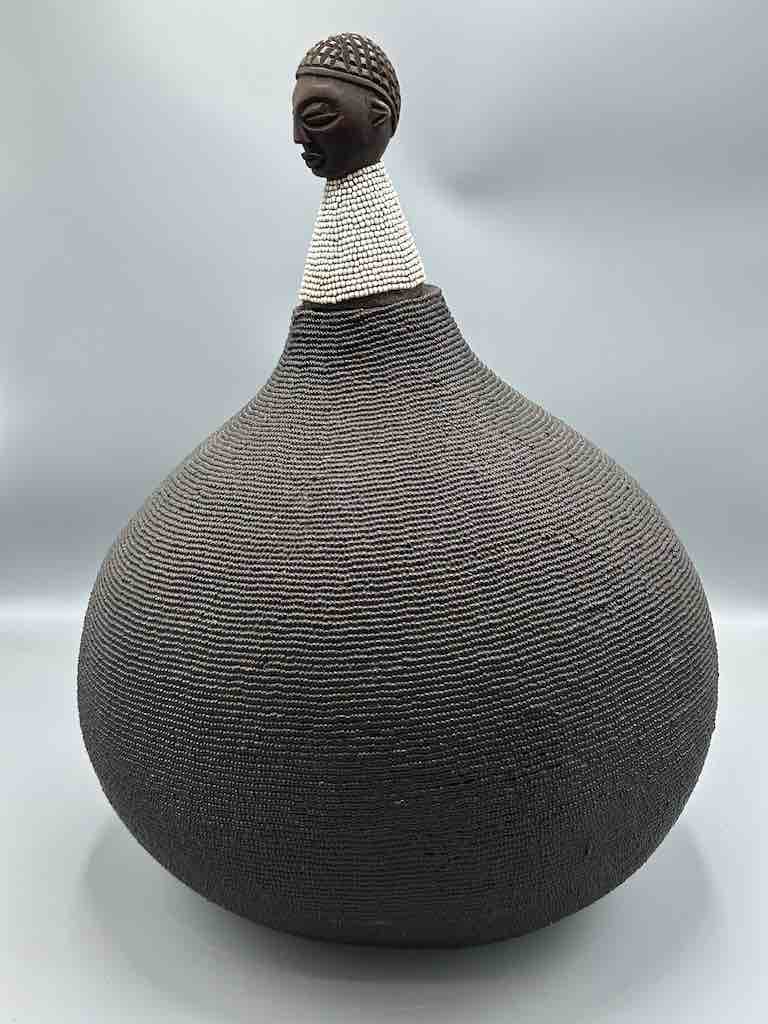 Congolese Beaded Decor Gourd from Kenya Africa - Black/Gray