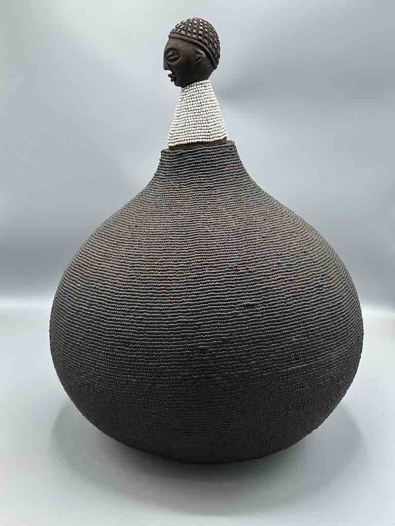 Congolese Beaded Decor Gourd from Kenya Africa - Black/Gray