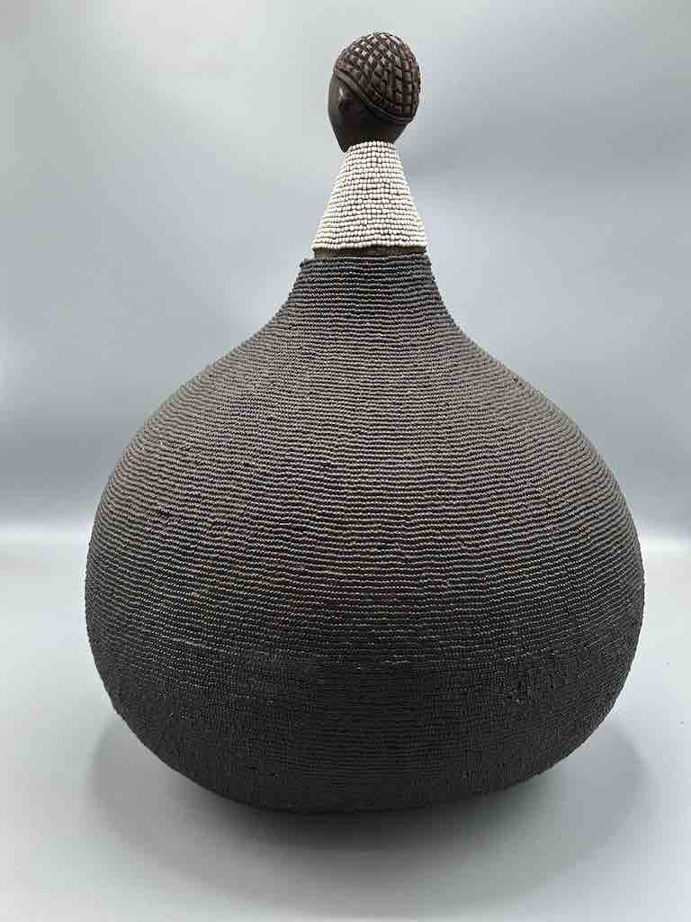 Congolese Beaded Decor Gourd from Kenya Africa - Black/Gray