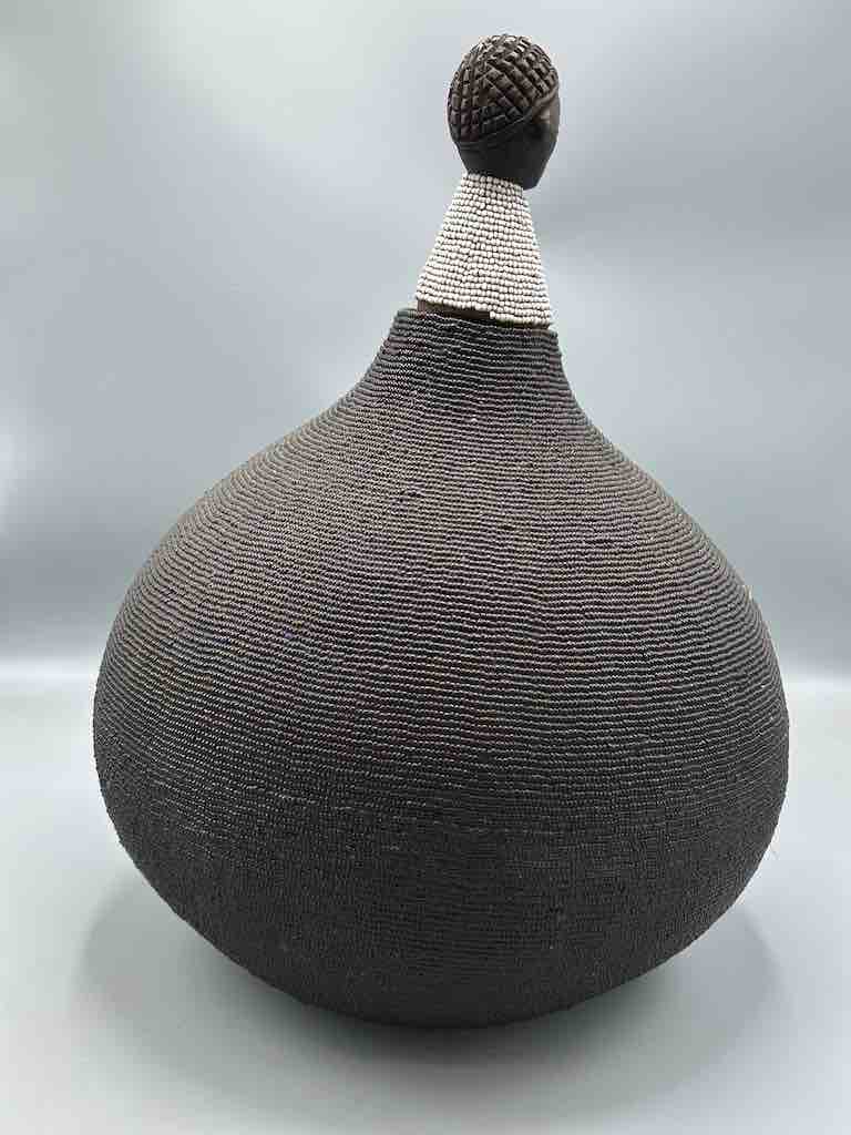 Congolese Beaded Decor Gourd from Kenya Africa - Black/Gray