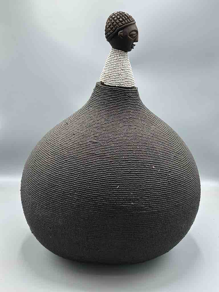 Congolese Beaded Decor Gourd from Kenya Africa - Black/Gray