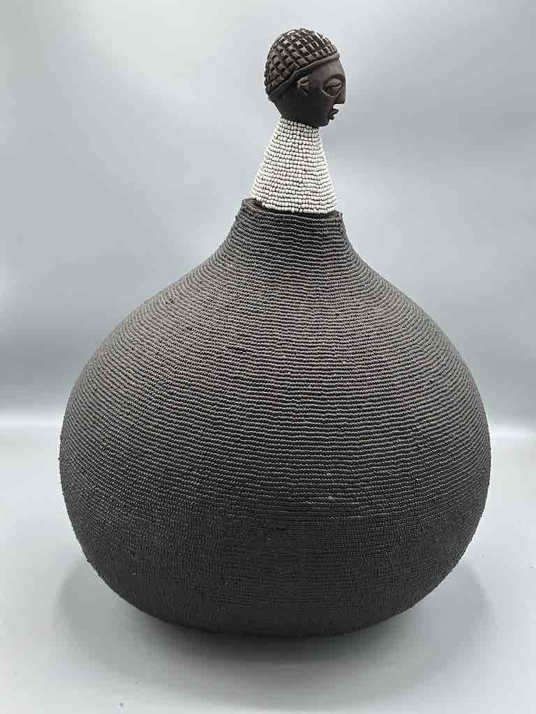 Congolese Beaded Decor Gourd from Kenya Africa - Black/Gray