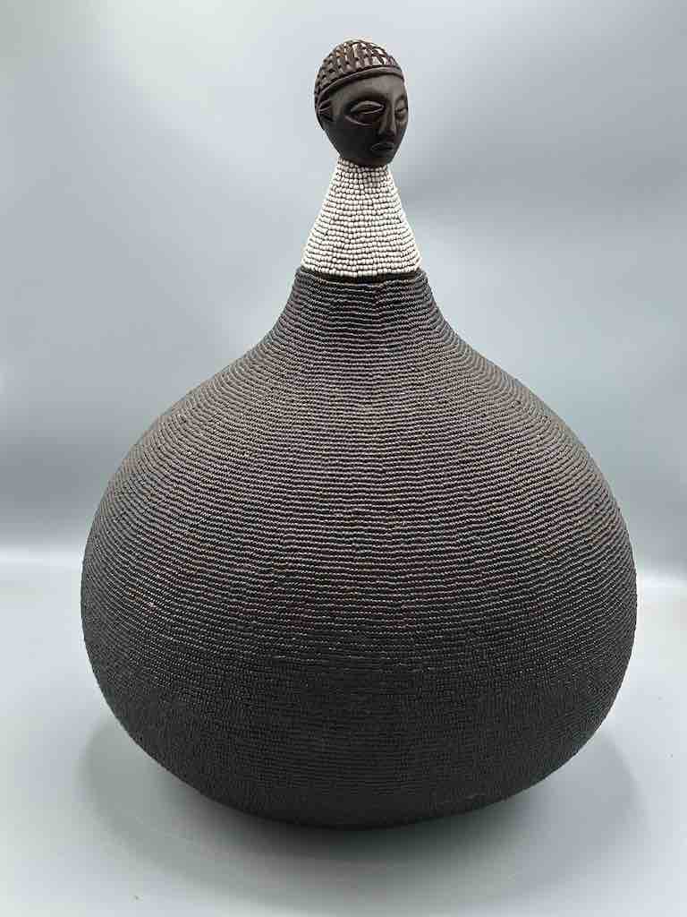 Congolese Beaded Decor Gourd from Kenya Africa - Black/Gray