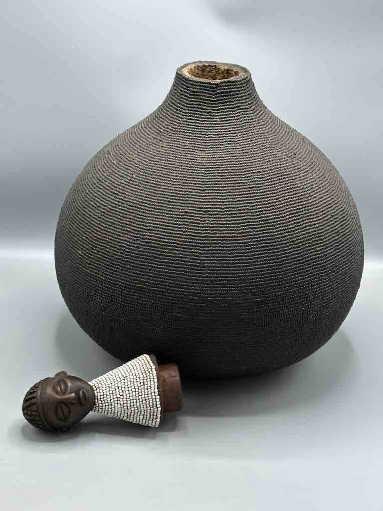 Congolese Beaded Decor Gourd from Kenya Africa - Black/Gray