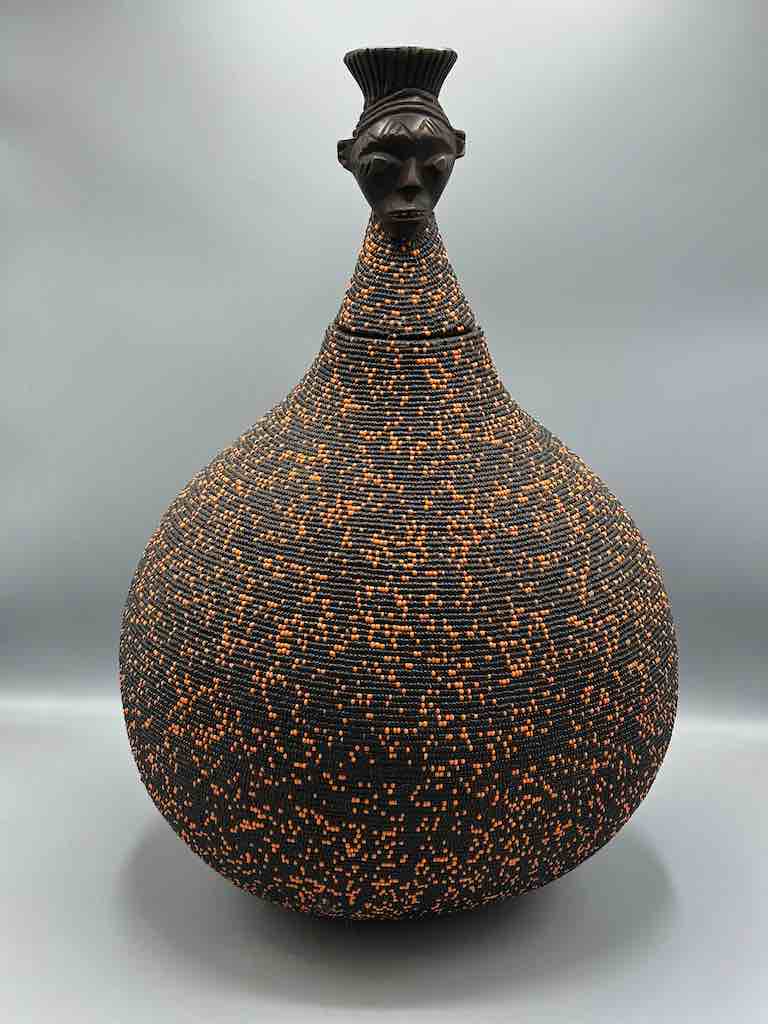 Congolese Beaded Decor Gourd from Kenya Africa - Black/Orange