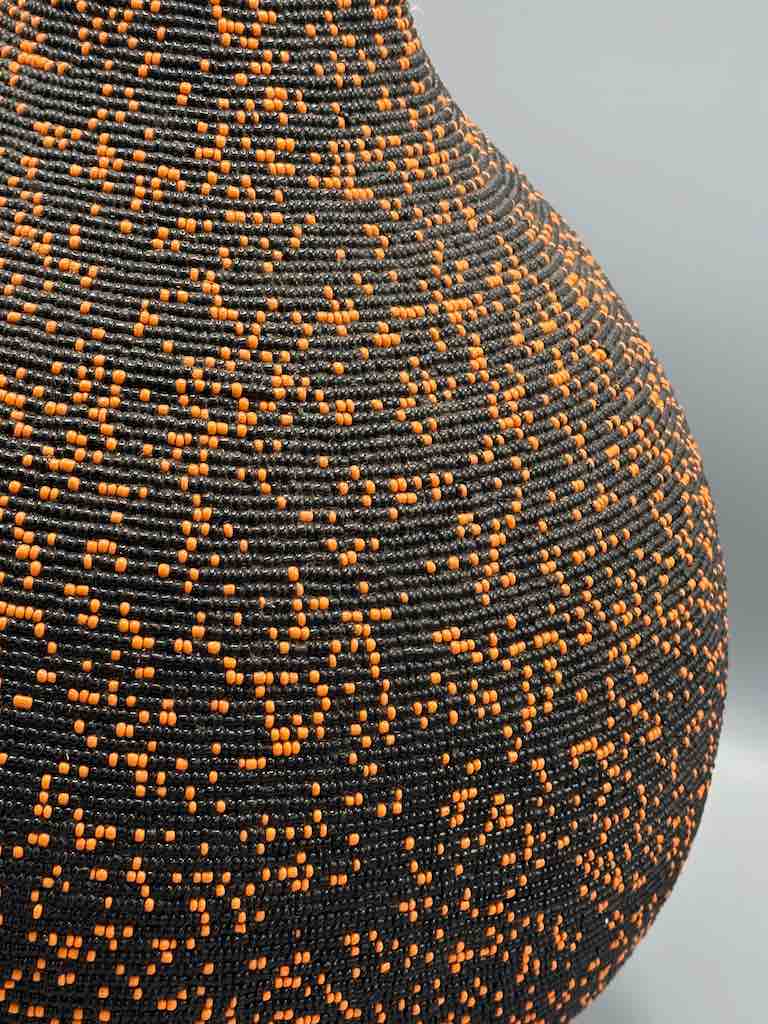 Congolese Beaded Decor Gourd from Kenya Africa - Black/Orange