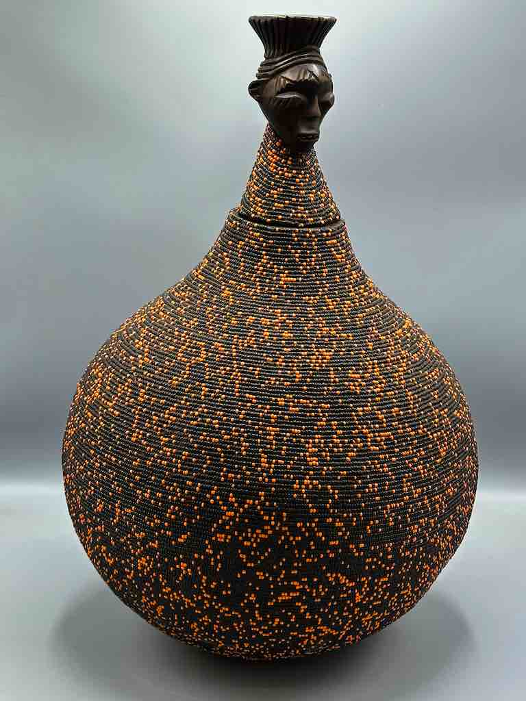 Congolese Beaded Decor Gourd from Kenya Africa - Black/Orange