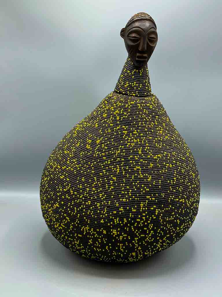 Congolese Beaded Decor Gourd from Kenya Africa - Black/Yellow