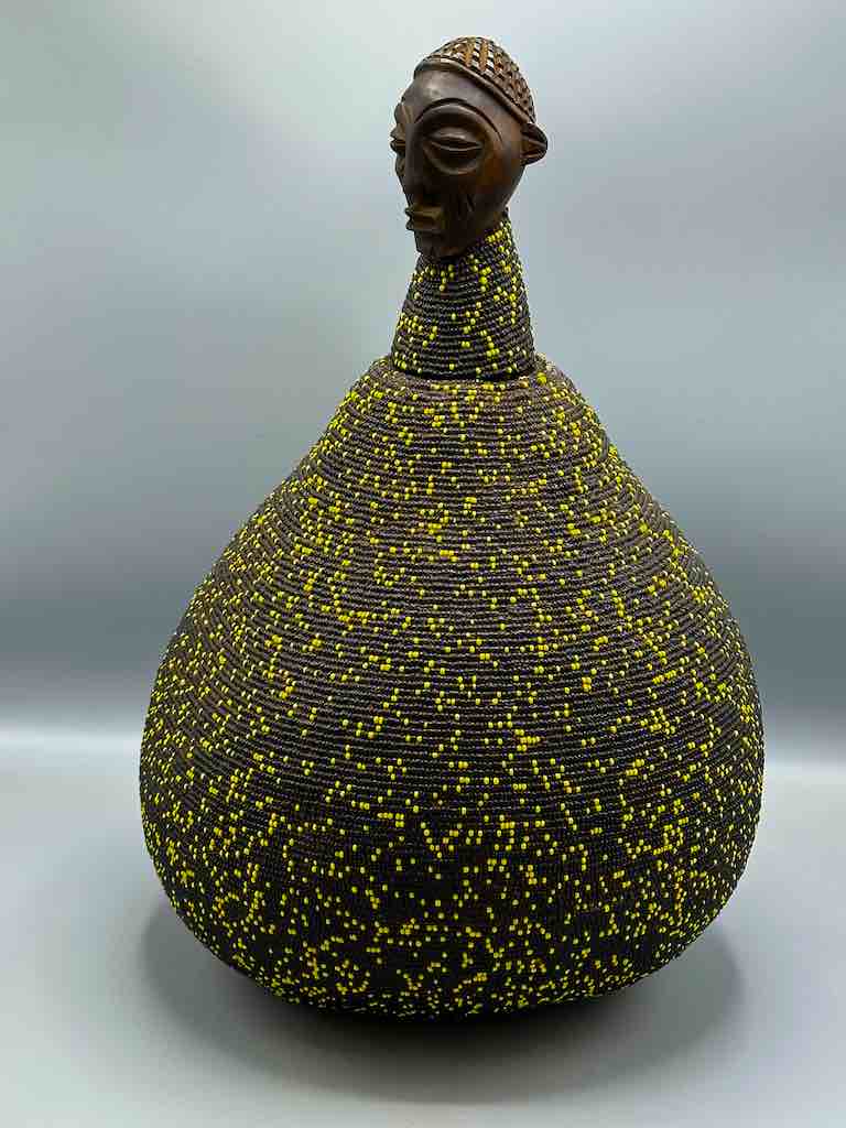 Congolese Beaded Decor Gourd from Kenya Africa - Black/Yellow